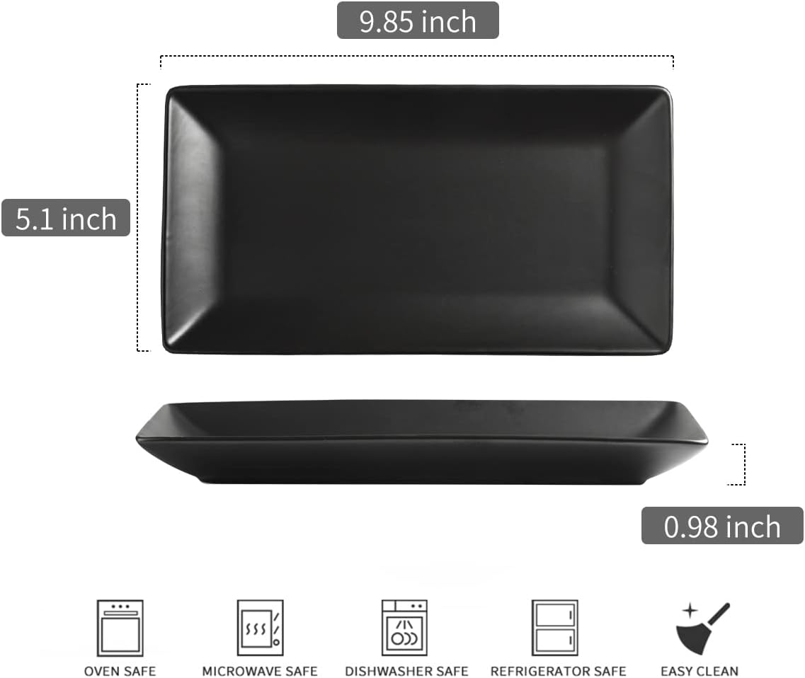Ceramic Serving Platters Set of 4, Rectangular Serving Platters and Trays for Food, Sushi, 9.8 In Serving Dishes for Entertaining, Matte Black Serving Plate Halloween Table Decor