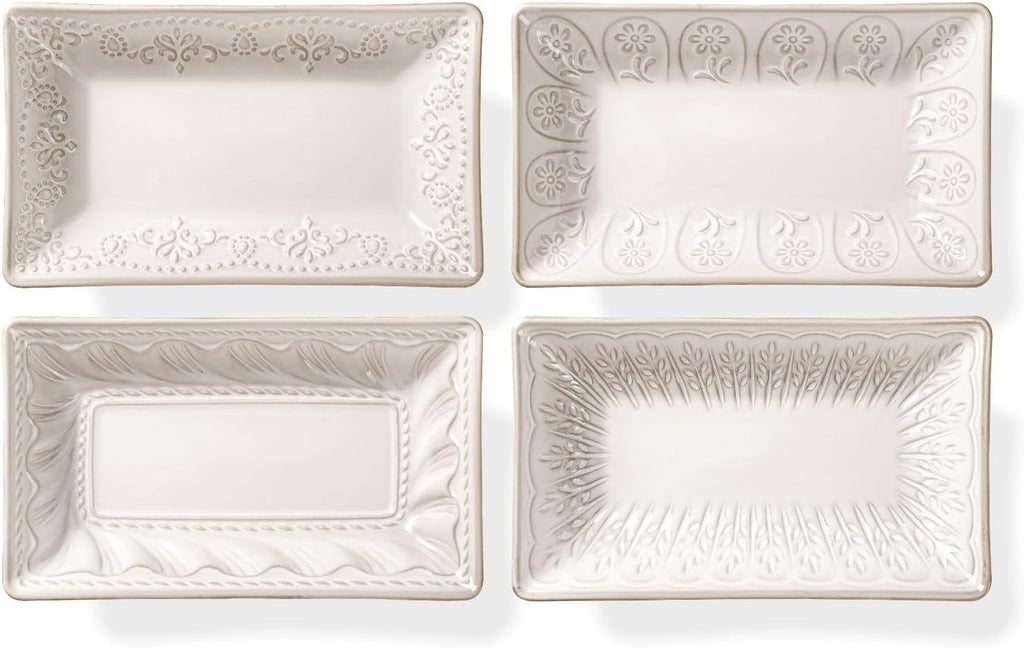 Ceramic 8.25 Inch Rectangle Salad Plates Set of 4 - Deep Plates for Appetizer, Dessert, Dinner, Sushi, Snack, Pasta, Serving - Microwave Safe with Embossed Rim Design (Multiple Patterns)