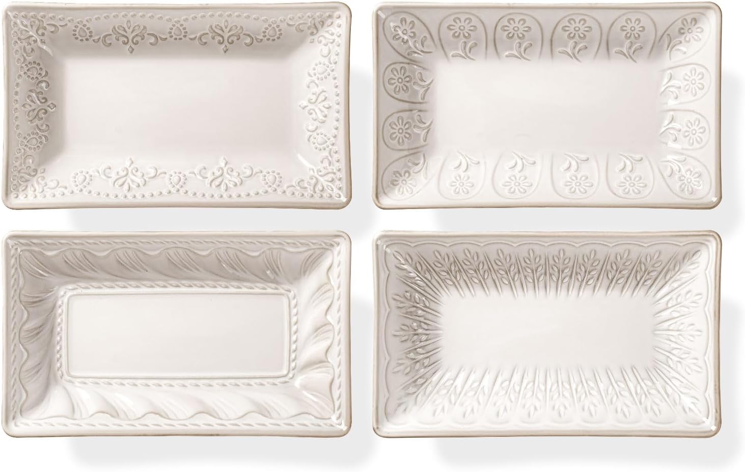 Ceramic 8.25 Inch Rectangle Salad Plates Set of 4 - Deep Plates for Appetizer, Dessert, Dinner, Sushi, Snack, Pasta, Serving - Microwave Safe with Embossed Rim Design (Multiple Patterns)