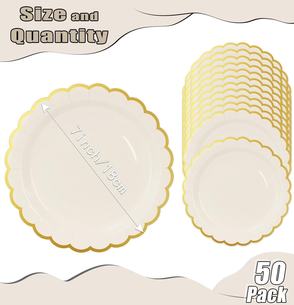 50 Pieces Ivory Paper Plates with Gold Foil 7 Inch Disposable Ivory Scalloped Dinner Plates for Wedding Baby Shower Birthday Party Dessert Plate
