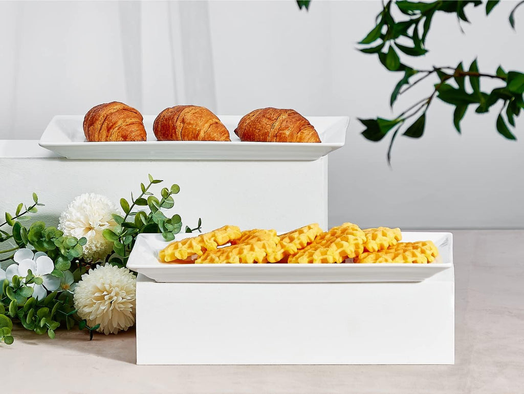 12 Inch Ceramic Serving Platters, White Rectangular Serving Trays/Dishes for Party Entertaining, Stackable Plates for Appetizers Desserts Baked Goods - Set of 2