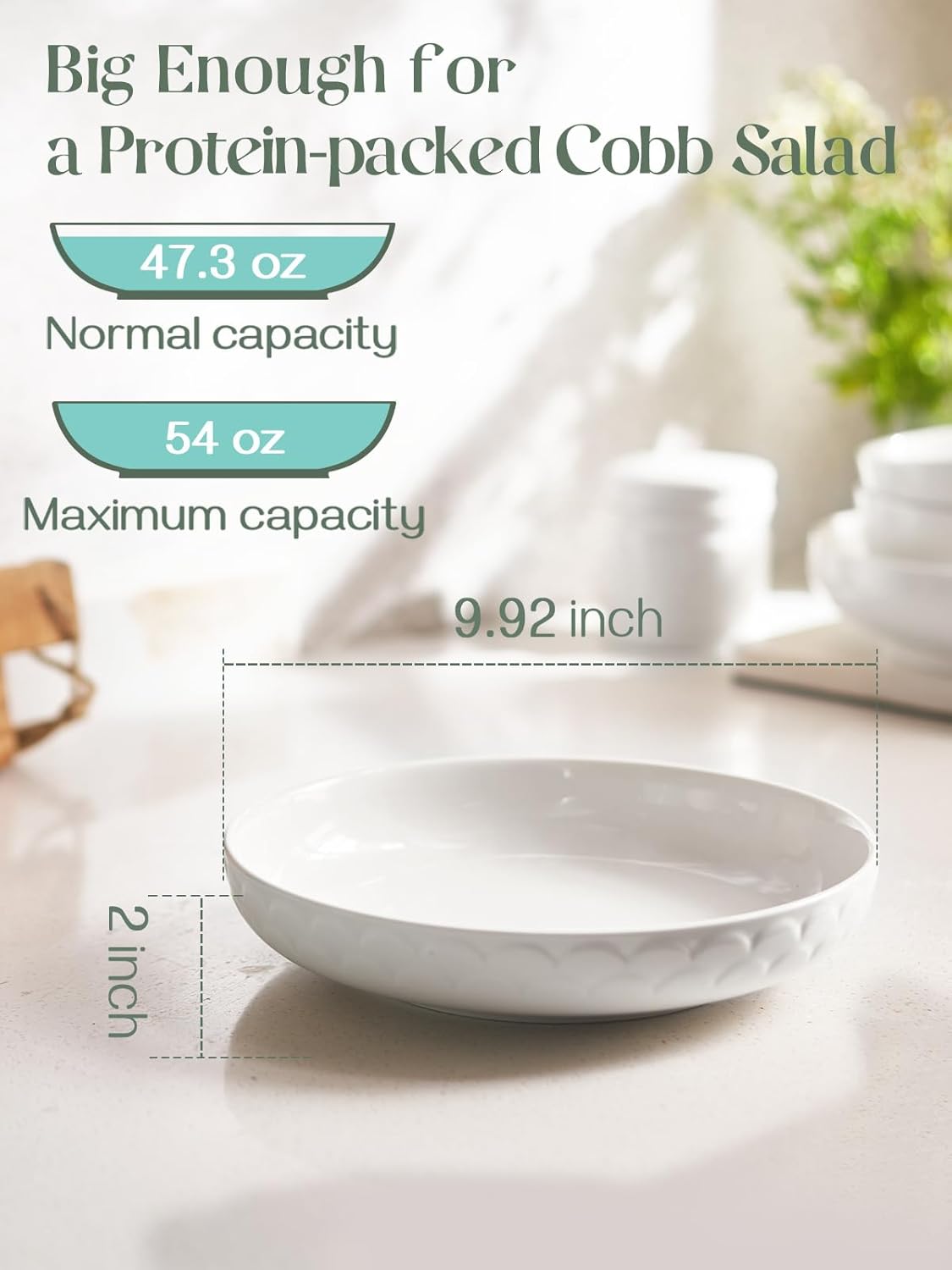 Pasta Bowls Set of 4 for Large Portions, 54 oz Textured Motif Large Salad Serving Bowls, Ceramic Plates, White Soup Bowl for Kitchen Meal Prep, Shallow Dishes Dinner Bowl Microwave Dinnerware