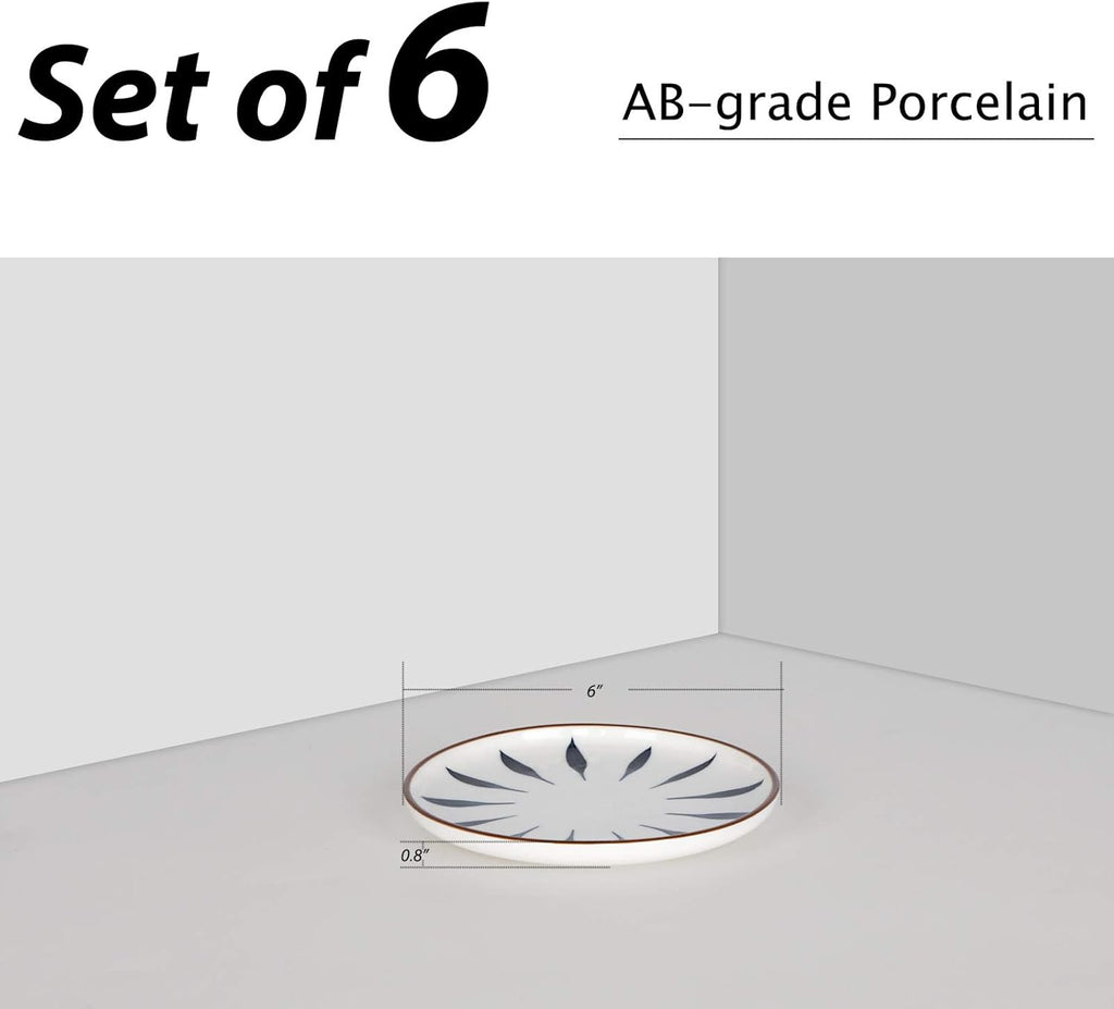 6'' Ceramic Dessert Plates - Color Painted Porcelain Appetizer Plates - Tea Party Small Serving Plates for Cake, Pie, Snacks, Ice Cream, Side Dish, Waffles - Set of 6 (Blue)