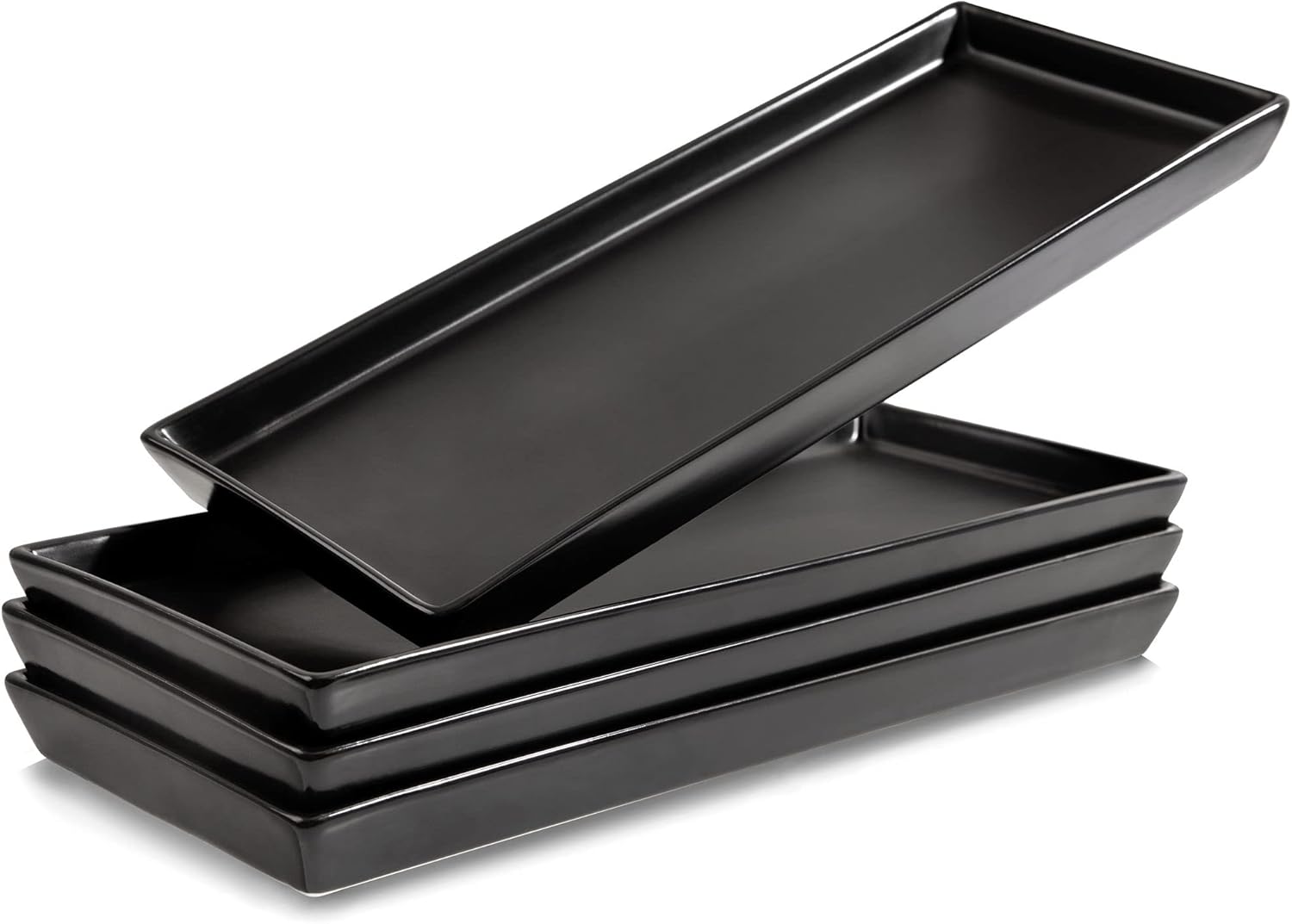 Matte Black Ceramic Serving Platters (14 x 6 Inch Rectangle Plates) Serving Dishes for Entertaining, Food, Appetizers, Desserts, Cheese Board, Charcuterie, Sushi - Set of 4 Party Trays