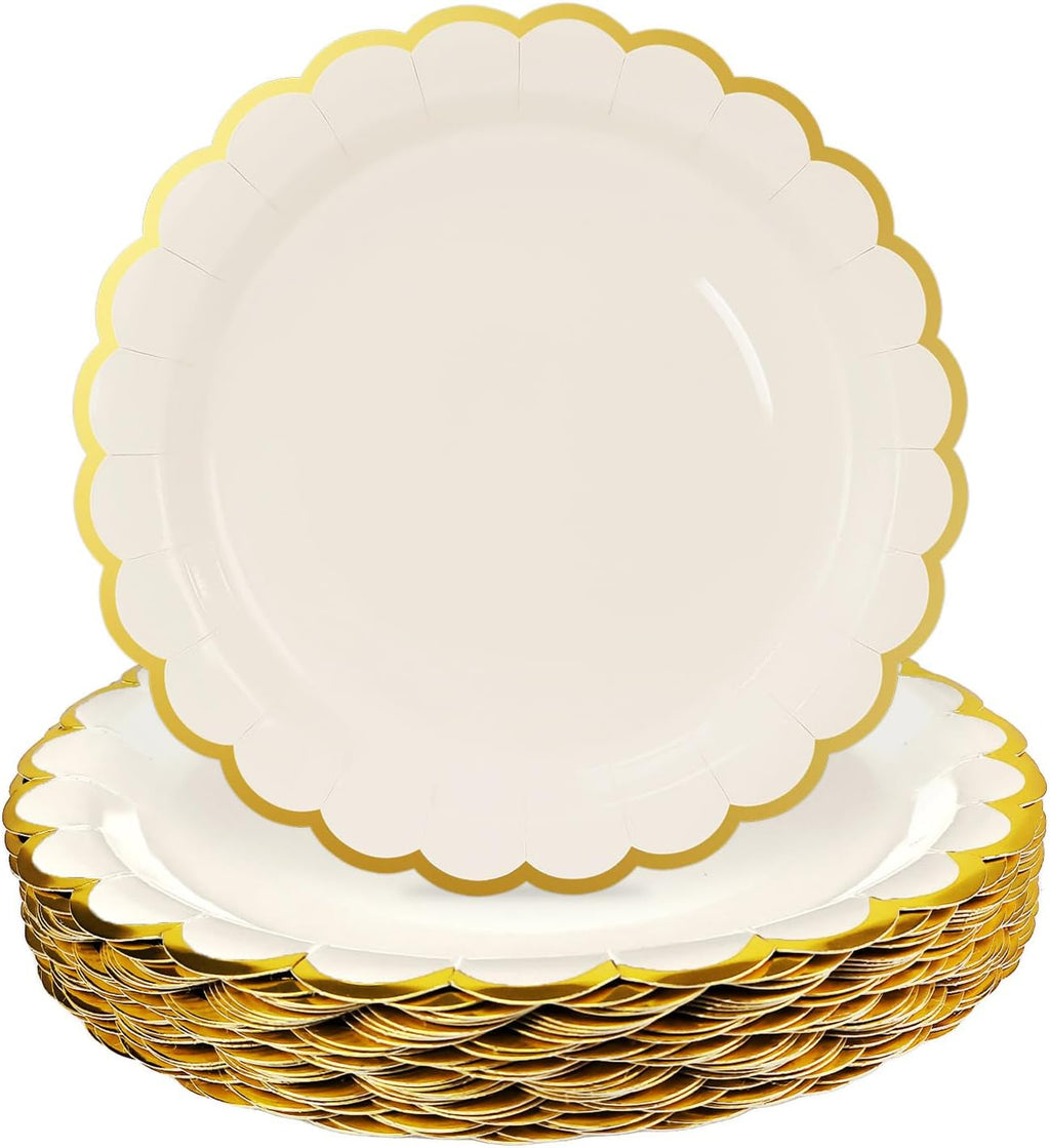 50 Pieces Ivory Paper Plates with Gold Foil 7 Inch Disposable Ivory Scalloped Dinner Plates for Wedding Baby Shower Birthday Party Dessert Plate