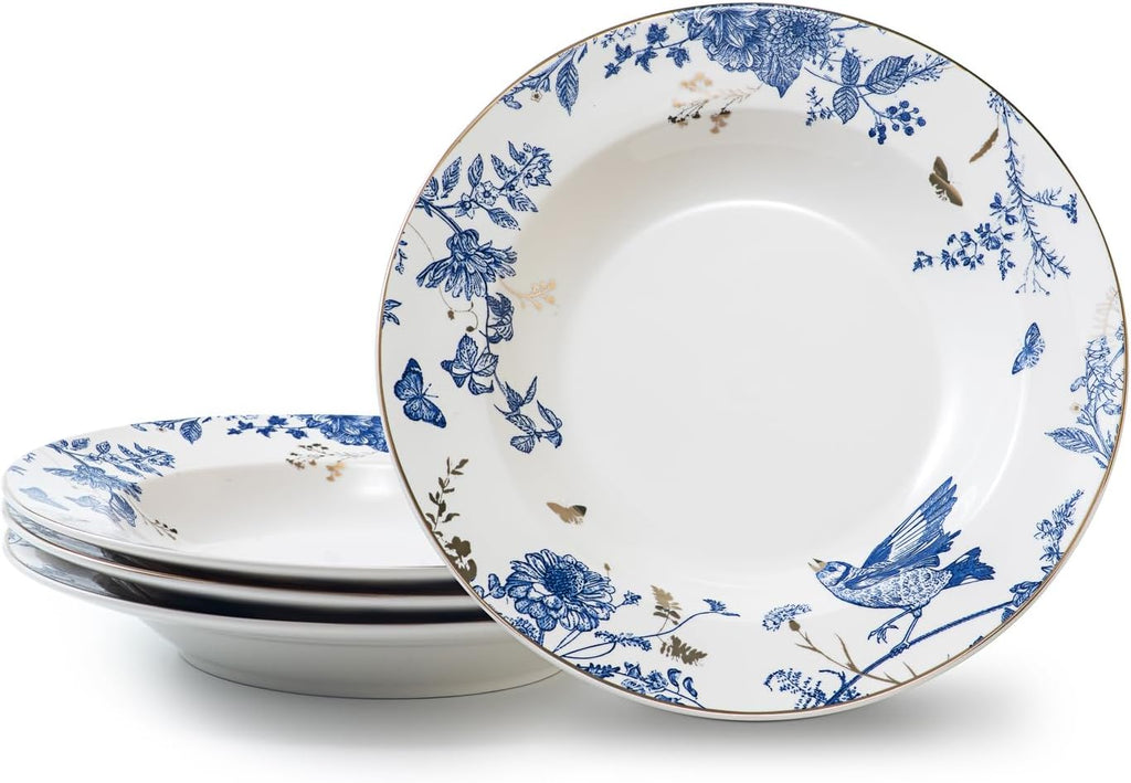 Soup and Pasta Bowls Set of 4,Ceramic Soup Bowls Dinner Bowls Plates Porcelain 9 inches Wide Rim Bowls Set Floral Dinnerware Set Pasta Plates Ideal Serving for Soup, Dessert