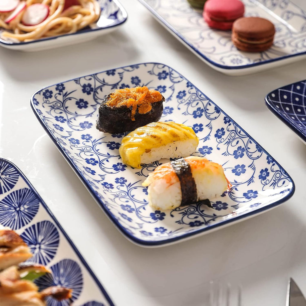 Ceramic 8 inch Rectangular Salad Plates, Dinner Plates, Pasta Dessert Plates for Appetizer, Sushi, Fruit - Microwave/oven/Dishwasher Safe, Set of 6, Vintage Blue