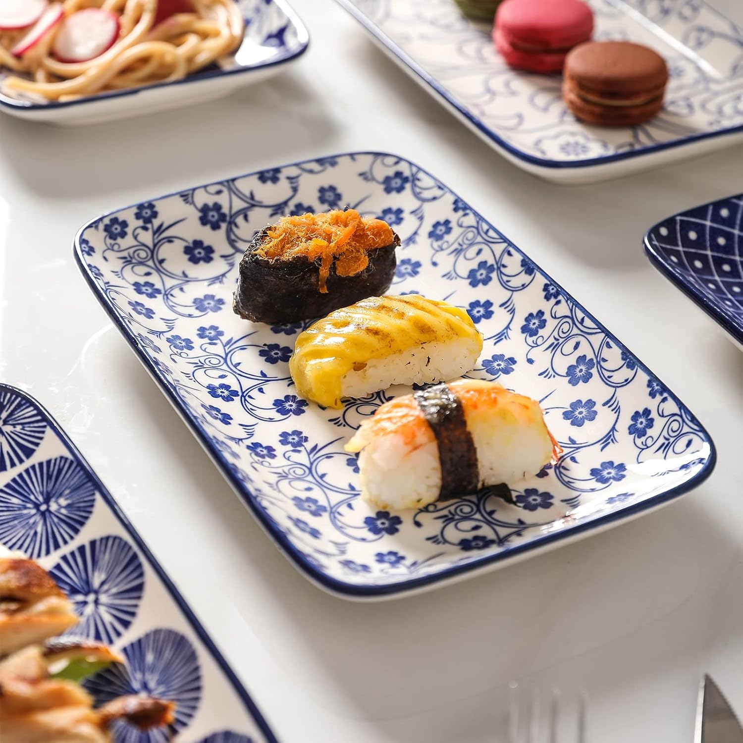 Ceramic 8 inch Rectangular Salad Plates, Dinner Plates, Pasta Dessert Plates for Appetizer, Sushi, Fruit - Microwave/oven/Dishwasher Safe, Set of 6, Vintage Blue