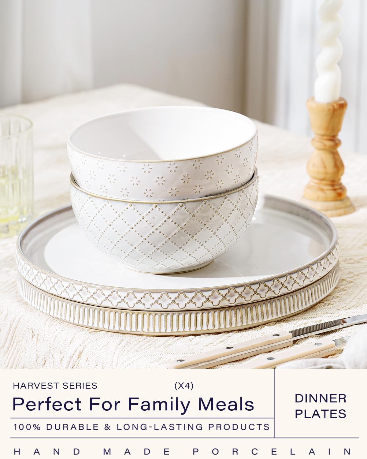 10.5” Ceramic Dinner Plates, Set of 4, Microwave & Dishwasher Safe, Salad Pasta Deep Plates with Embossments Set of 4