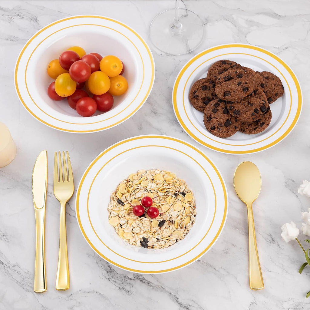 100 Pack Plastic Bowls with Gold Rim, 12oz Disposable Soup Bowls, Heavy Duty Dessert Bowls for Weddings, Parties, Dinners, Catering, Thanksgiving and Everyday Use