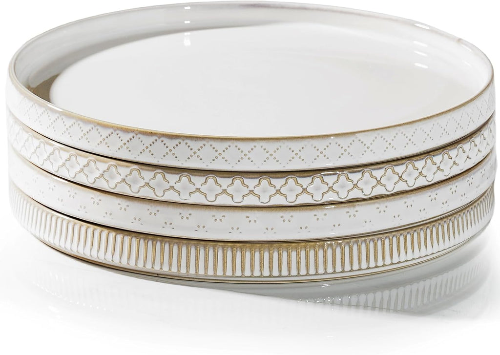 10.5” Ceramic Dinner Plates, Set of 4, Microwave & Dishwasher Safe, Salad Pasta Deep Plates with Embossments Set of 4