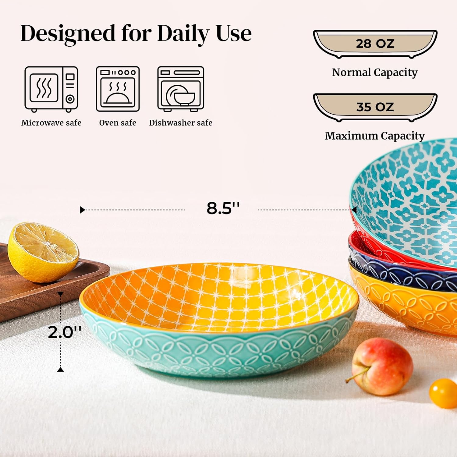 8.5" Vibrant Pasta, Salad & Soup Serving Bowls Set of 4, Embossed Large Porcelain Ceramic, Microwave, Oven & Dishwasher Safe,  Design Perfect for Daily Dining, Family Gatherings, Party