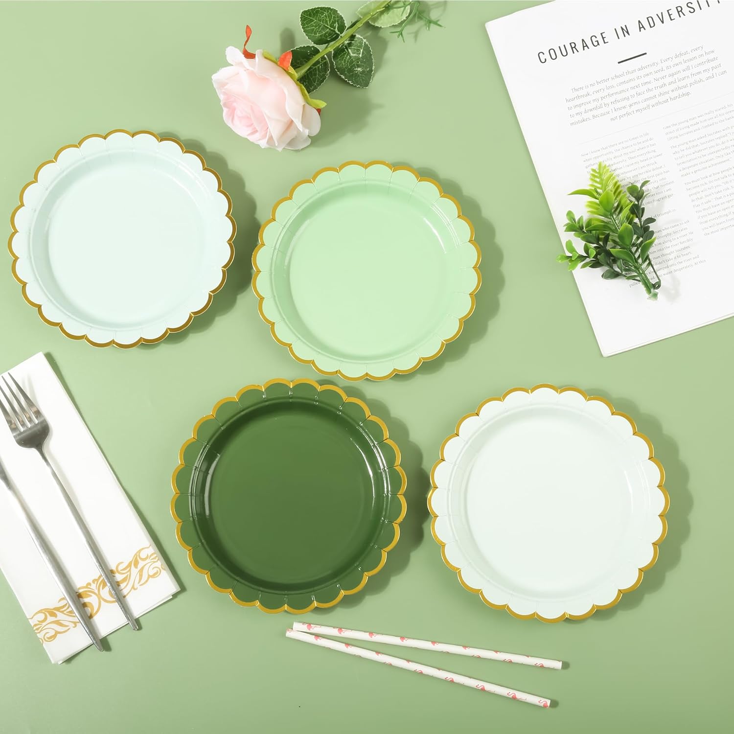 Sage Green Paper Plates Gradient Color Disposable Dessert Party Plates 7inch Gold Foil Scalloped Plate for Christmas Bridal Baby Shower Wedding Tea Party Supplies (24, Sage Green)
