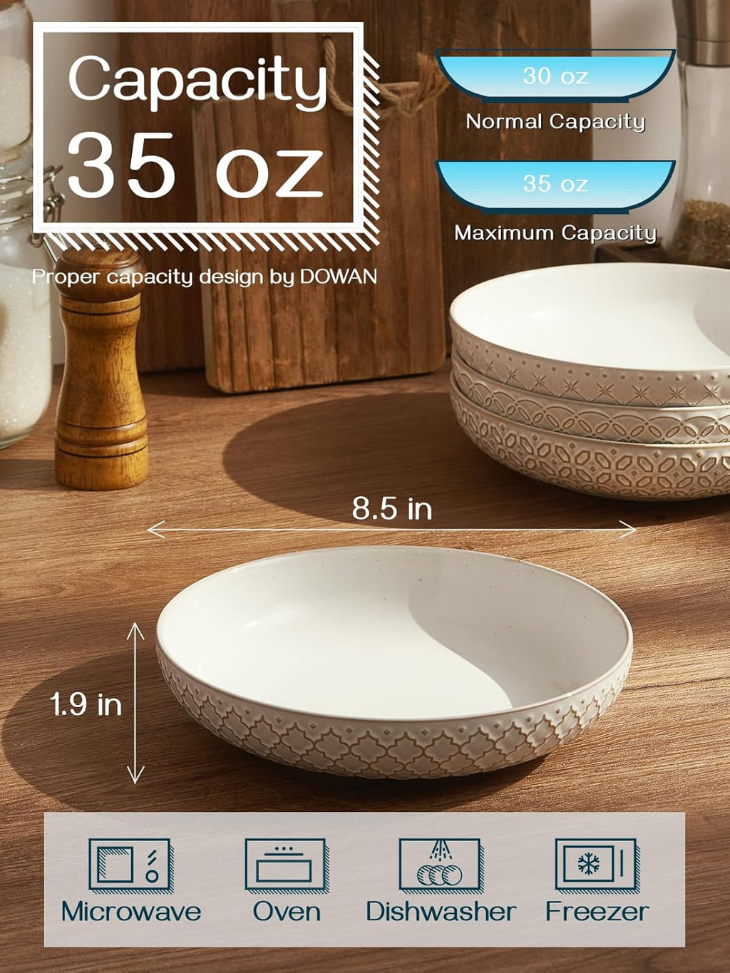 8.5" Pasta Bowls Set of 4 with Embossed Reactive Glaze, 35oz Shallow White Ceramic Dinner Bowls, Wide Bowl Plates for Pasta, Salad, Soup & Stew, Microwave & Dishwasher Safe, Housewarming Gift