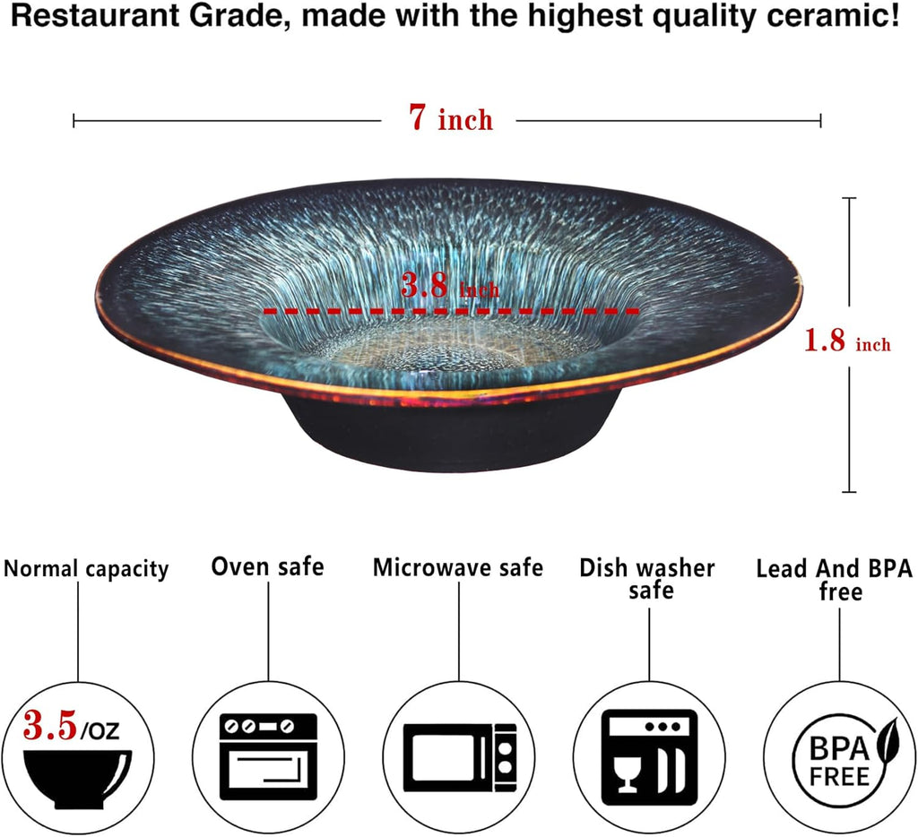 Soup Bowls, soup plate, 3.5 Oz Pasta Bowl Set of 2, Shallow Bowl Plates, Porcelain Rimmed Bowls with Rim, best gift Black glaze color change 7 inch