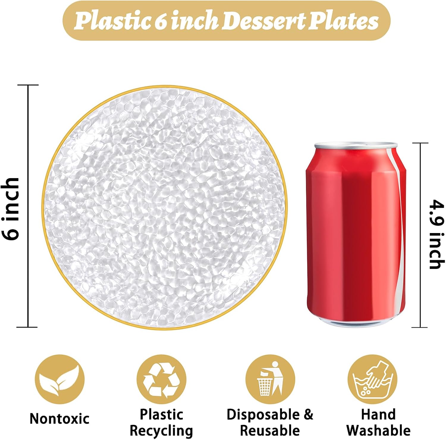 100 Pack Plastic Clear Gold Dessert Plates, 6Inch Small Appetizer Plates With Hammered, Heavy Duty Disposable Salad Plate, Elegant Cake Platos for Wedding Reception, Birthday, Teatime