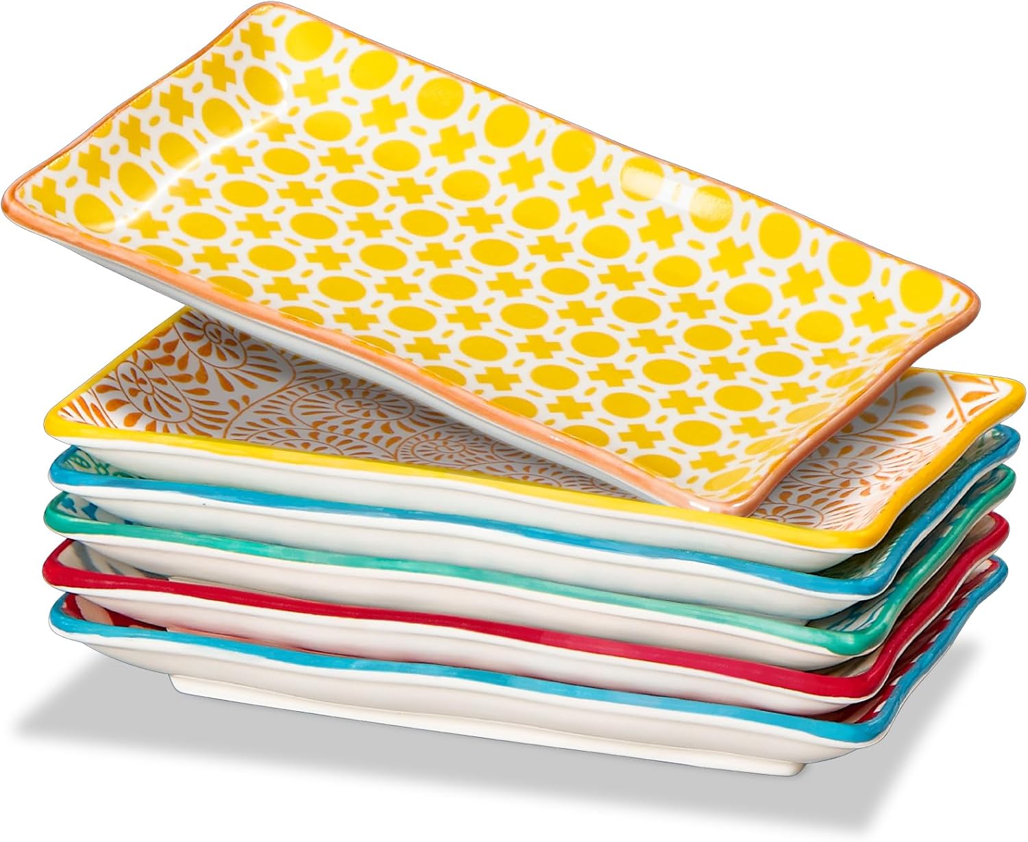 Appetizer Plates Set of 6-7.5 inch Small Serving Platters, Ceramic Rectangular Plates for Sushi Salad Dessert - Microwavable Oven & Dishwasher Safe, Scratch Resistant- Assorted Colors