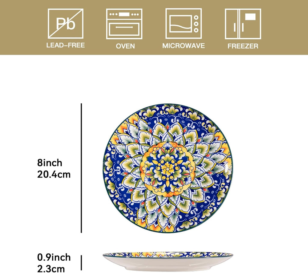Salad Plates 8 Inch,Ceramic Dessert Plates Set of 6,Bohemian Style Small Dinner Plates Dishwasher and Microwave Safe Round Colorful Dishes for Kitchen