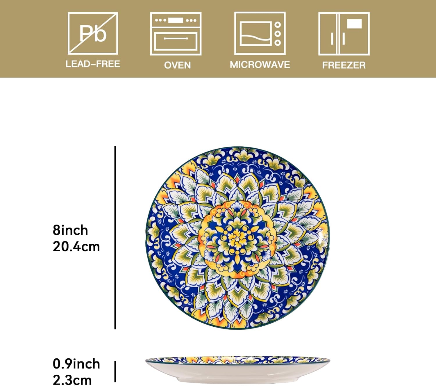 Salad Plates 8 Inch,Ceramic Dessert Plates Set of 6,Bohemian Style Small Dinner Plates Dishwasher and Microwave Safe Round Colorful Dishes for Kitchen