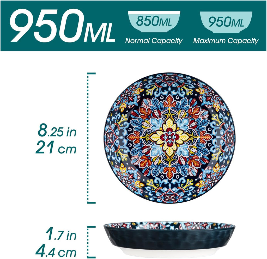 32 Oz Pasta Bowls Sets of 6, Ceramic Large Colorful Salad Serving Bowls for Kitchen, Dishwasher & Microwave Safe, Soup Pasta Plates