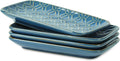 Ceramic Salad Plates, Rectangular Appetizer Plates 8 inch, Small Serving Plates for Entertaining, Small Dinner Plates Set for Dessert, Sushi, Embossed Porcelain Dish, Set of 4, Blue