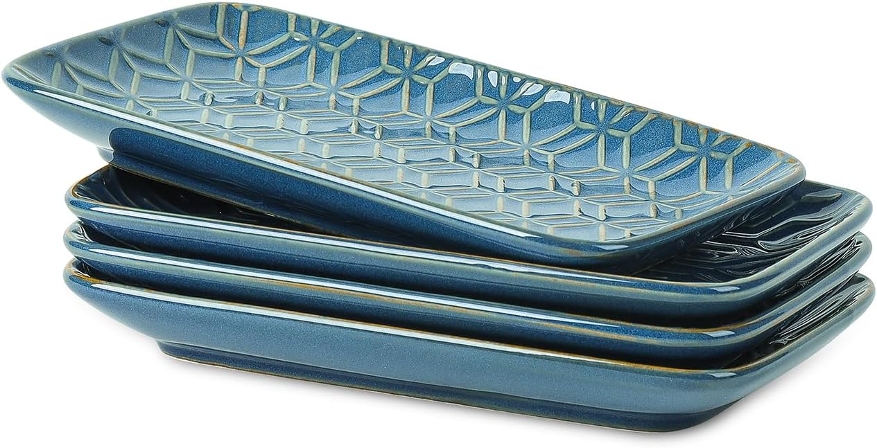 Ceramic Salad Plates, Rectangular Appetizer Plates 8 inch, Small Serving Plates for Entertaining, Small Dinner Plates Set for Dessert, Sushi, Embossed Porcelain Dish, Set of 4, Blue