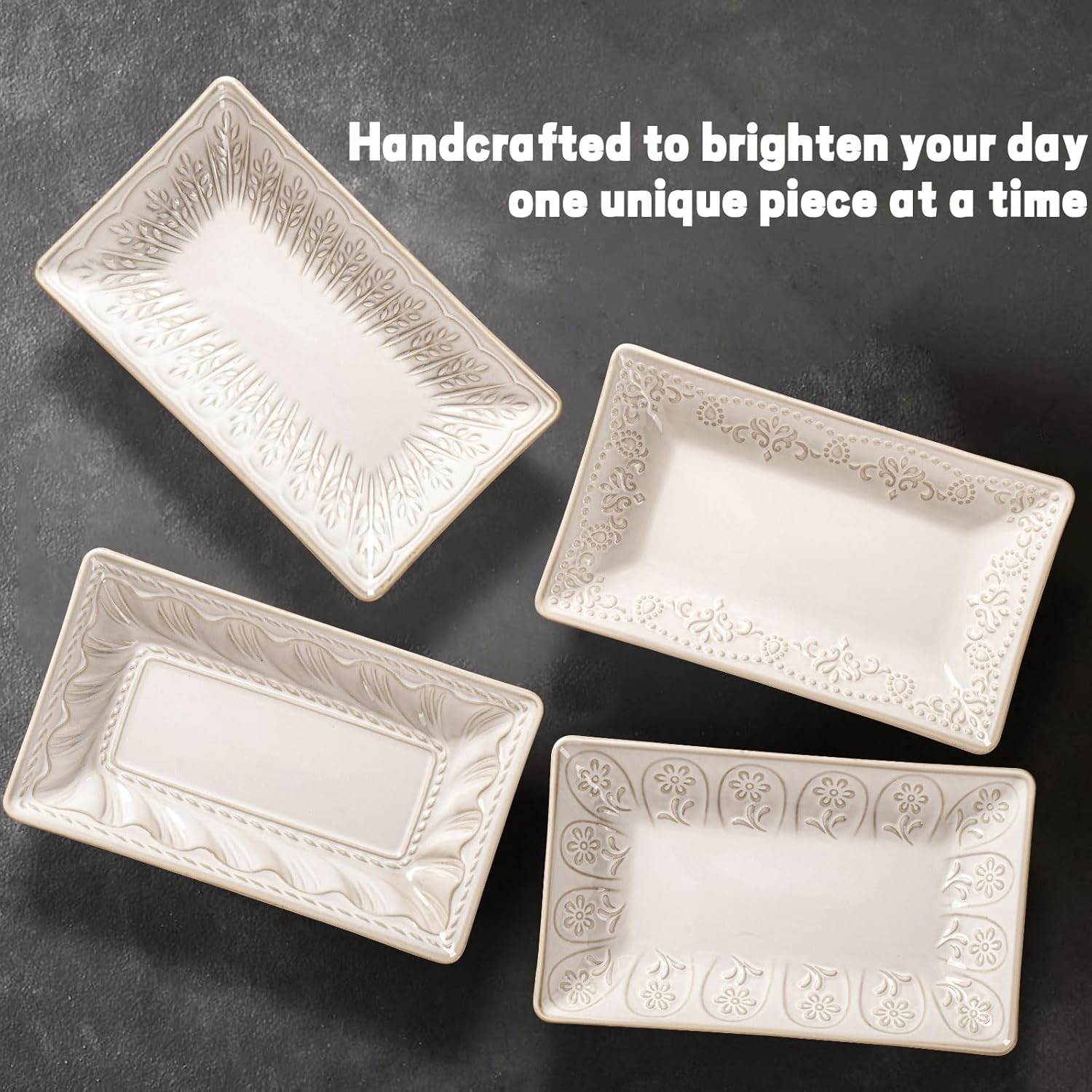 Ceramic 8.25 Inch Rectangle Salad Plates Set of 4 - Deep Plates for Appetizer, Dessert, Dinner, Sushi, Snack, Pasta, Serving - Microwave Safe with Embossed Rim Design (Multiple Patterns)