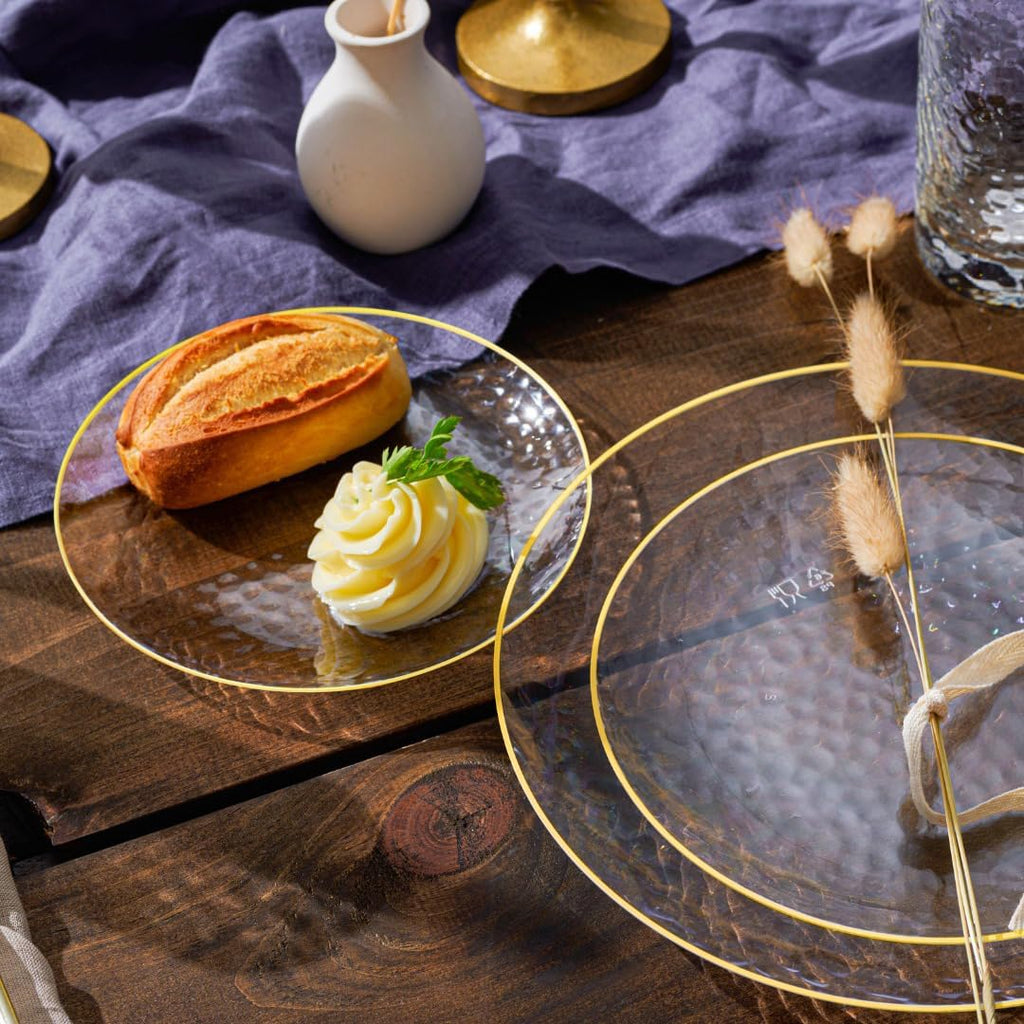 100 Pack 7 Inch Clear Plastic Plates - Hammered Gold Rimmed Sturdy, Durable And Extra Heavy duty Gold Plastic Dessert, Appetizer Plates Disposable For All Occasions