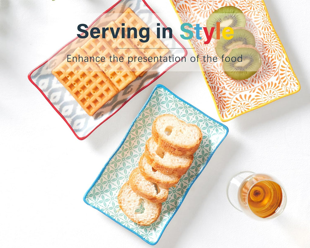 Appetizer Plates Set of 6-7.5 inch Small Serving Platters, Ceramic Rectangular Plates for Sushi Salad Dessert - Microwavable Oven & Dishwasher Safe, Scratch Resistant- Assorted Colors