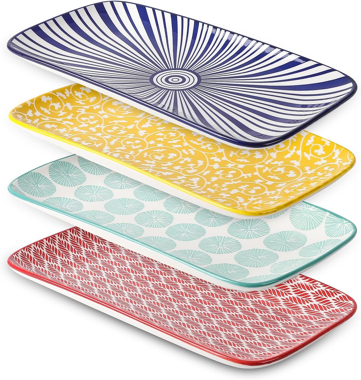 Ceramic Rectangular Serving Platters Set of 4, 12 Inch Serving Trays/Dishes for Party Entertaining, Rectangular Dinner Plates for Appetizer Salad Dessert Sushi, Assorted Colors