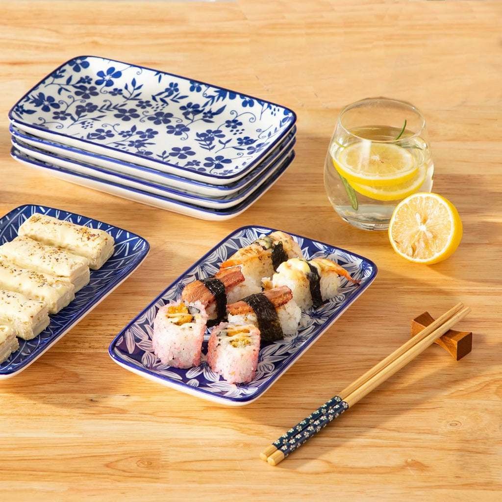 8.5 Inch Rectangular Salad Plates Set of 6, Ceramic Salad Plates for Sushi, Dessert, Appetizer, Porcelain Platters for Kitchen Decor, Microwave & Oven Safe, Vintage Blue & White Color