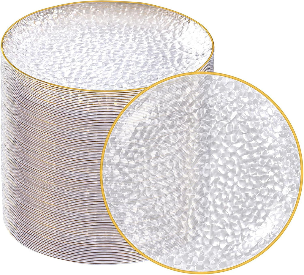 100 Pack Plastic Clear Gold Dessert Plates, 6Inch Small Appetizer Plates With Hammered, Heavy Duty Disposable Salad Plate, Elegant Cake Platos for Wedding Reception, Birthday, Teatime