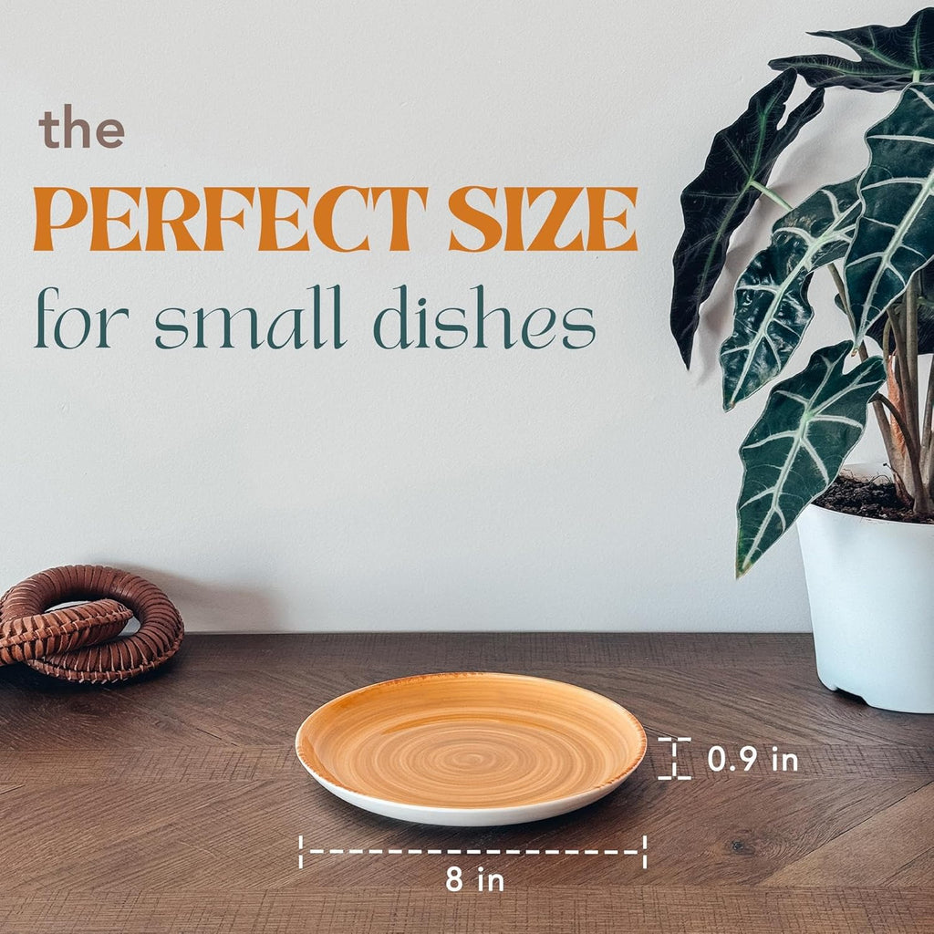 Ceramic Helix Swirl Salad Plates Set of 6, 8in Spiral Porcelain Dish for Kitchen, Small Dinner, Lunch, Appetizer, Dessert, etc - Dishwasher, Microwave, Freezer, Oven Safe Dishware - Earth Colors