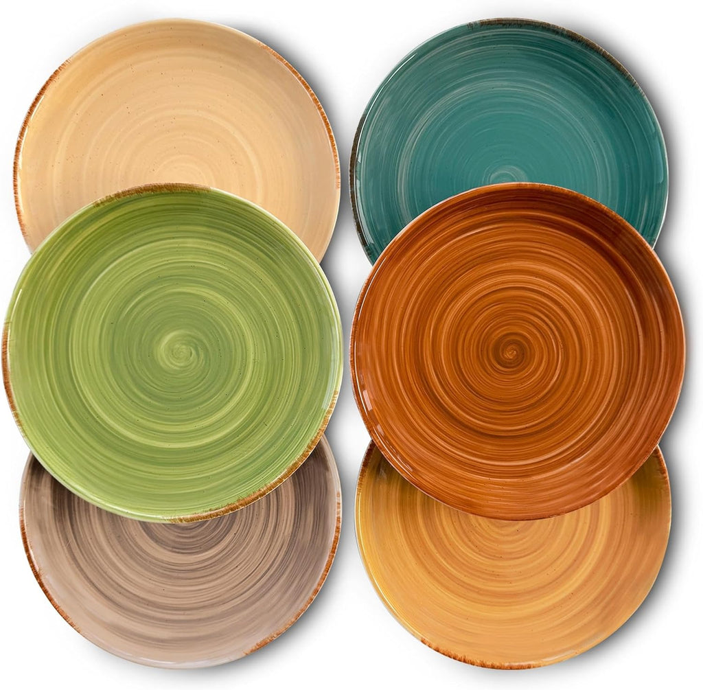 Ceramic Helix Swirl Salad Plates Set of 6, 8in Spiral Porcelain Dish for Kitchen, Small Dinner, Lunch, Appetizer, Dessert, etc - Dishwasher, Microwave, Freezer, Oven Safe Dishware - Earth Colors