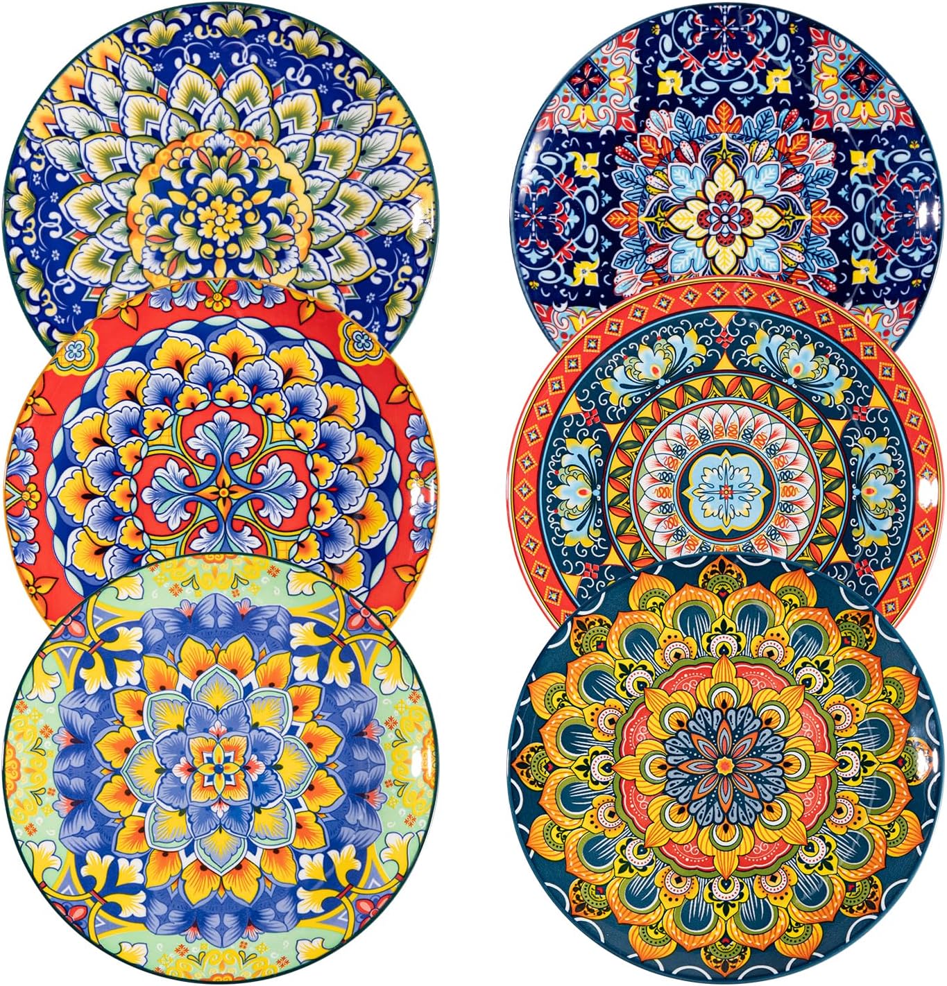 Salad Plates 8 Inch,Ceramic Dessert Plates Set of 6,Bohemian Style Small Dinner Plates Dishwasher and Microwave Safe Round Colorful Dishes for Kitchen
