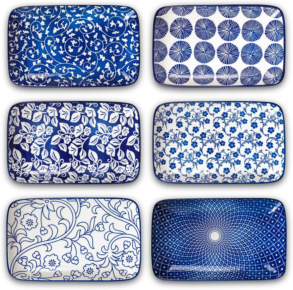 Ceramic 8 inch Rectangular Salad Plates, Dinner Plates, Pasta Dessert Plates for Appetizer, Sushi, Fruit - Microwave/oven/Dishwasher Safe, Set of 6, Vintage Blue