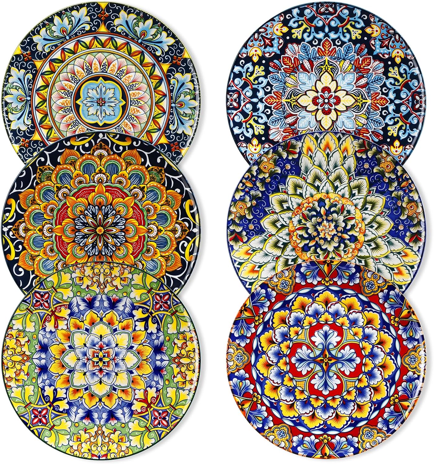 Salad Plates Set of 6-8.5 Inch Ceramic Dessert Plate, Small Dinner Plate Set, Microwave, Oven and Dishwasher Safe, Colorful Bohemian Style Dishes for Kitchen