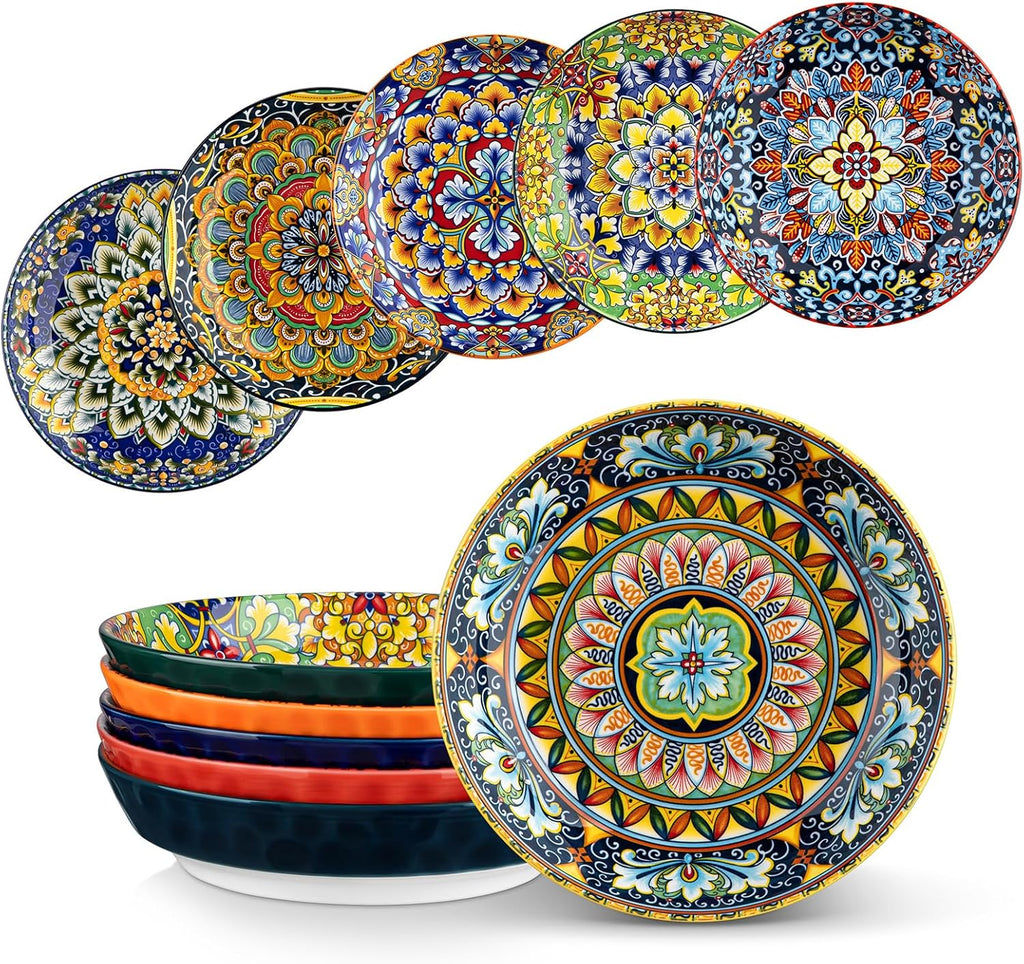32 Oz Pasta Bowls Sets of 6, Ceramic Large Colorful Salad Serving Bowls for Kitchen, Dishwasher & Microwave Safe, Soup Pasta Plates