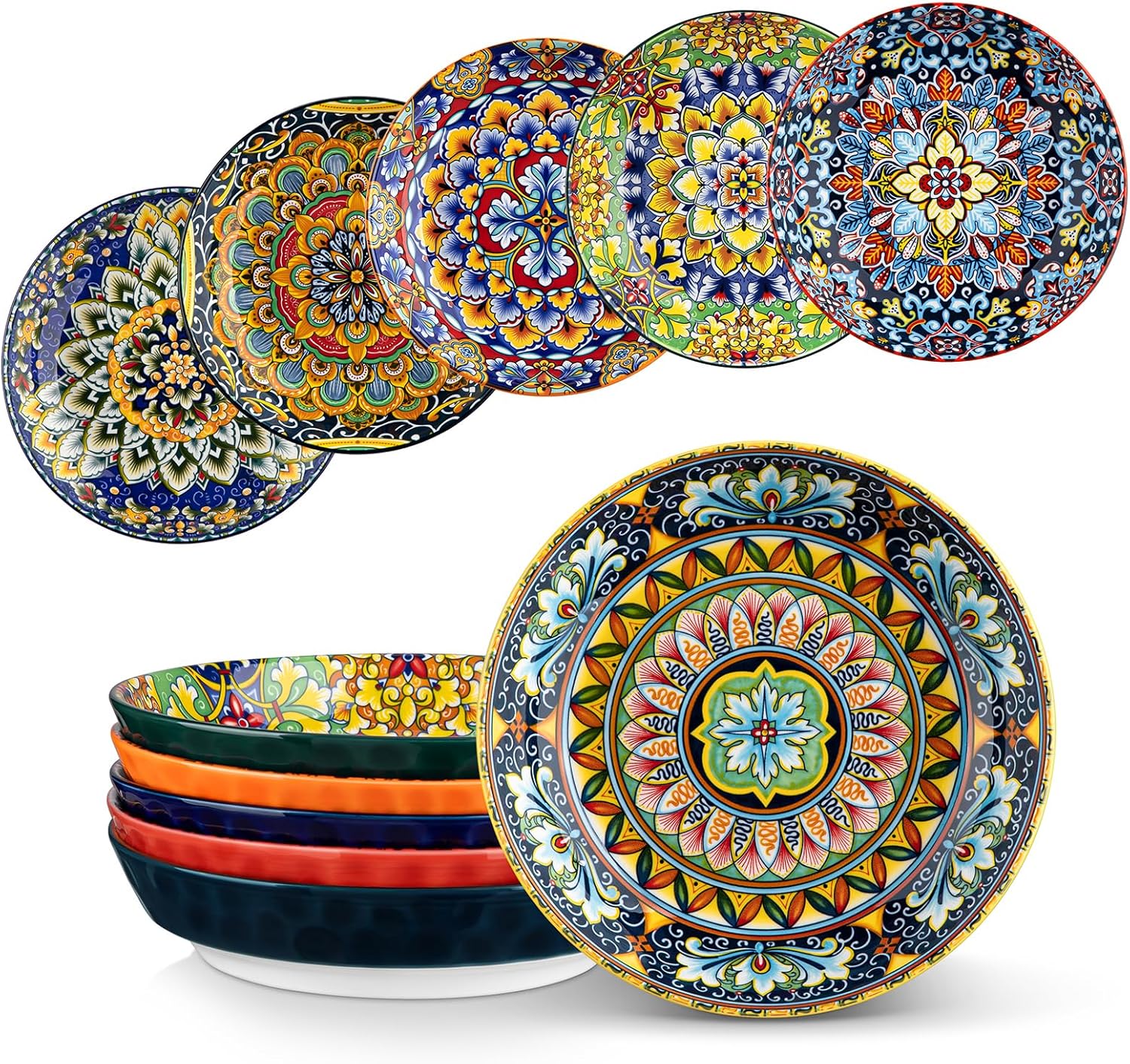 32 Oz Pasta Bowls Sets of 6, Ceramic Large Colorful Salad Serving Bowls for Kitchen, Dishwasher & Microwave Safe, Soup Pasta Plates